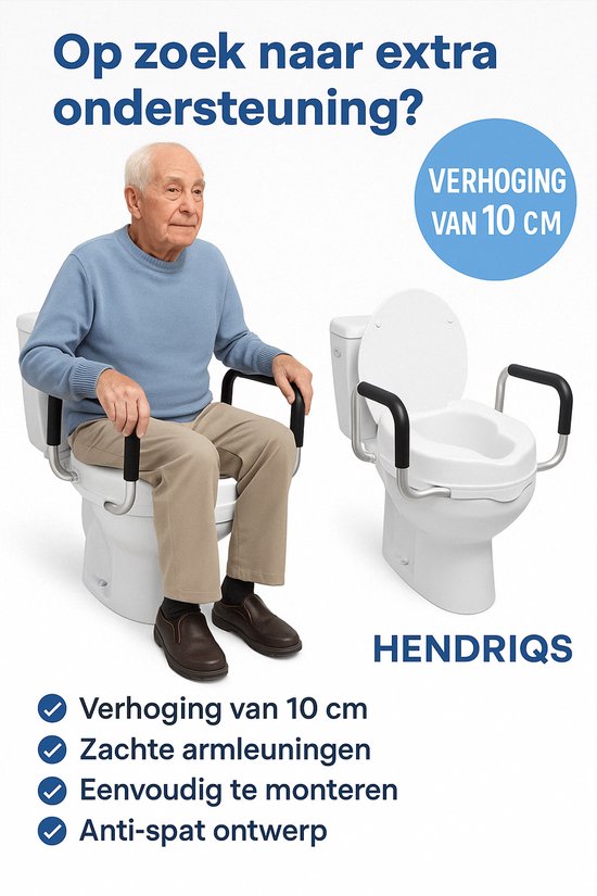 Rehausseur de WC Hendriqs® 10 cm avec accoudoirs et couvercle - Rehausseur de WC avec accoudoirs - Siège de WC surélevé - Rehausseur pour adultes et seniors - Siège de toilettes à hauteur réglable - Rehausseur de WC - Siège de WC surélevé