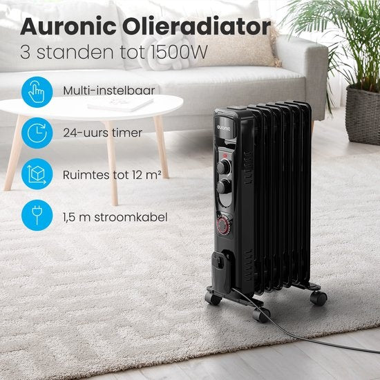 Radiateur à huile - Auronic - Chauffage électrique - Thermostat - Minuterie - 3 niveaux - jusqu'à 1500W - Noir