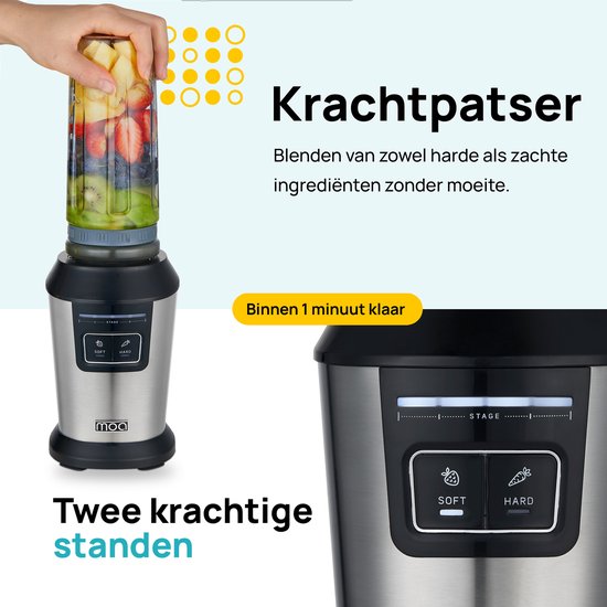 MOA Blender To Go - Smoothie Maker avec 2 gobelets en Tritan de 600ml - Mini Blender - 800W - acier inoxydable - Silver