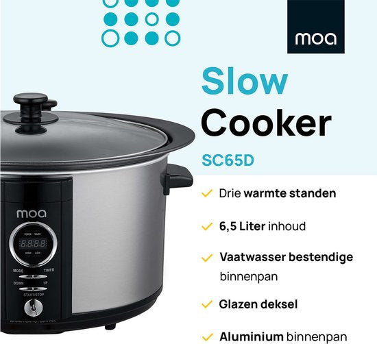 Mijoteuse MOA avec minuterie - 6,5L - Ø 24,5cm - Cuve intérieure en aluminium - Couvercle transparent - 3 niveaux de température - Lavable au lave-vaisselle - Sans BPA - acier inoxydable