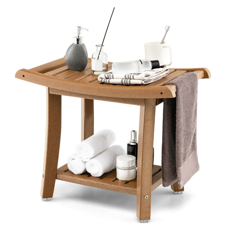 Tabouret de douche Coast - étanche - assise incurvée - tablette de rangement - marron - 60,5 x 34 x 48 cm