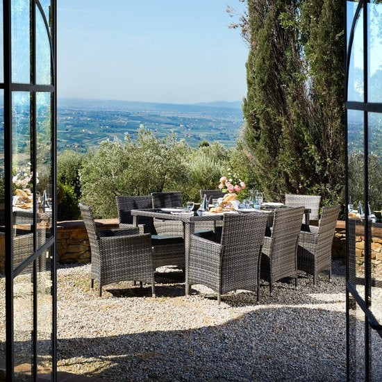 tectake® - set de meubles de jardin en aluminium 8 chaises avec table avec plateau en verre, y compris 2 sets de coussins et housse de protection, meubles de balcon résistants aux intempéries - gris - poly-rattan