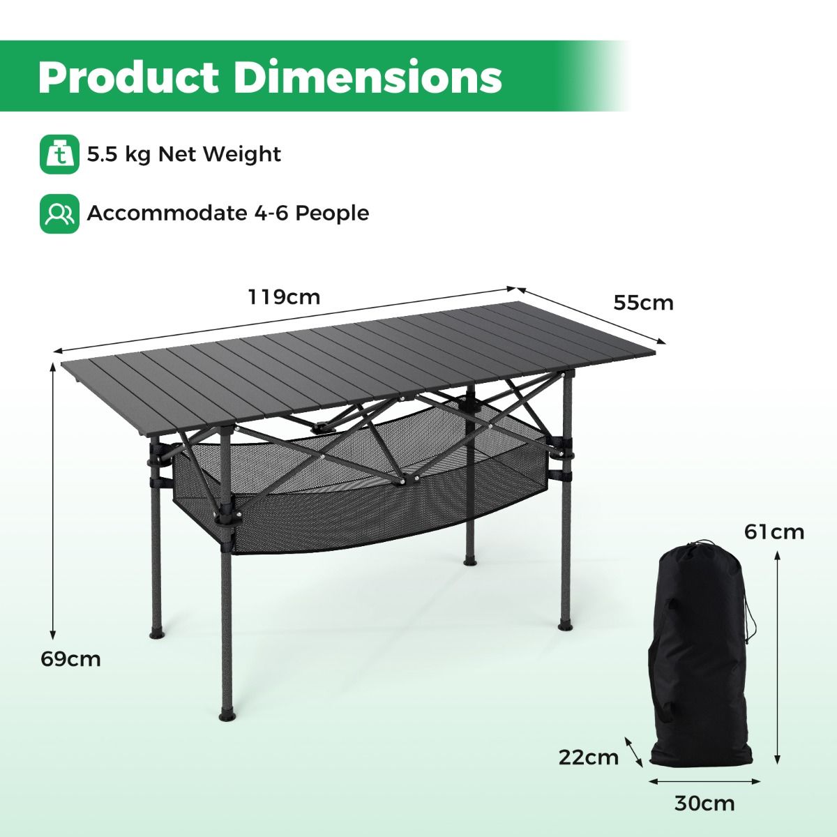 Table de camping pliable Coast - Plateau en aluminium enroulable - Avec panier en filet - Noir 119 x 56 cm