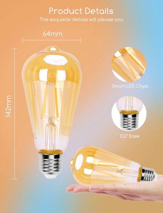 Aigostar 10YIE - ST64 - Éclairage intelligent - Ampoule E27 - Ø 6,4 cm - Contrôle via application - Intensité réglable - Ampoule intelligente - 6 W