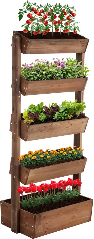 tectake® Vertical Garden Flora - Avec 5 jardinières pour fleurs, herbes ou légumes - Marron - 81 x 52 x 180 cm - Jardinière pour potager - Bacs à fleurs basculants en pin laqué - Tissu molletonné/toile de protection des racines inclus - Résistant aux inte