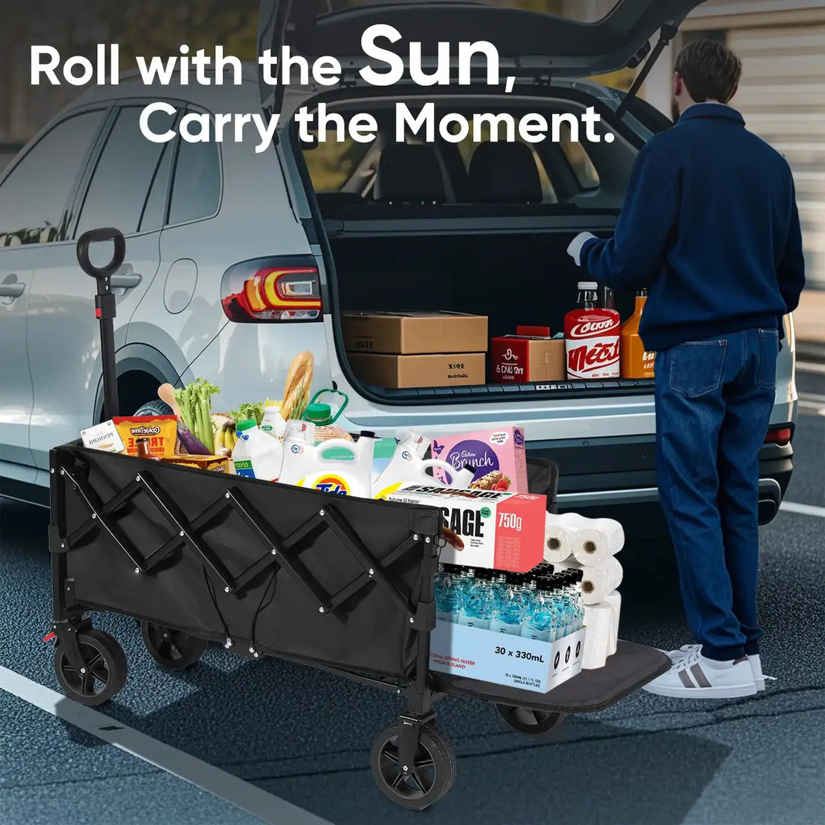 Chariot pliable Sunula 226,8 L – Jusqu’à 100 kg – Avec roulettes pivotantes – Pour le camping et les animaux de compagnie