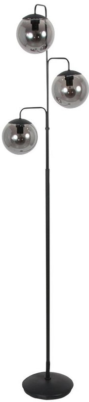 Lampadaire Bollique 4611ZW de Steinhauer - Élégant modèle en métal noir avec 3 boules en verre fumé, hauteur 173 cm, pied rond de 40 cm, idéal pour un usage intérieur