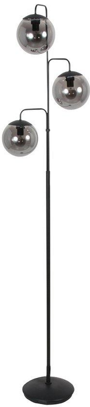 Lampadaire Bollique 4611ZW de Steinhauer - Élégant modèle en métal noir avec 3 boules en verre fumé, hauteur 173 cm, pied rond de 40 cm, idéal pour un usage intérieur