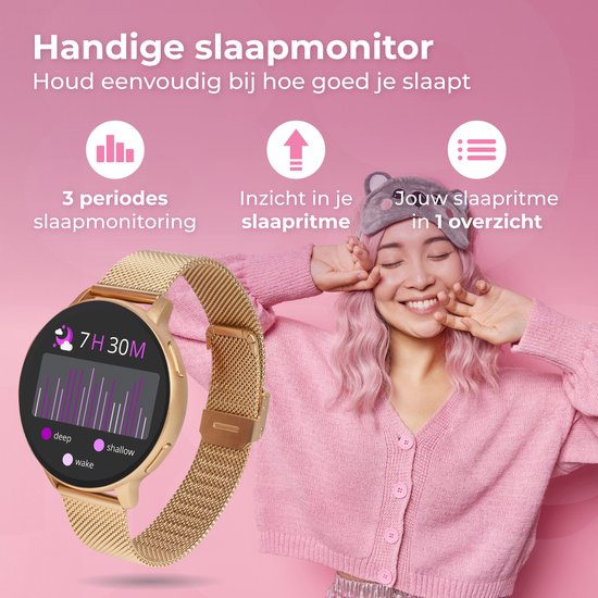 Nuvance Smartwatch Ladies - avec bracelet en acier inoxydable et en silicone - mesure le sport, le sommeil et le corps - or rose