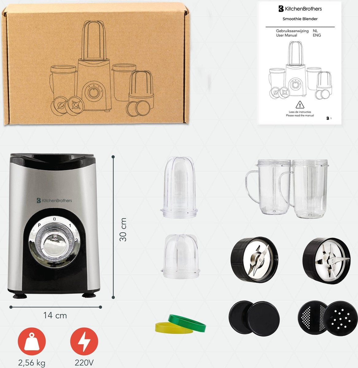 Mixeur Smoothie - KitchenBrothers - 13 Pièces - 4  Gobelets - 350W - acier inoxydable