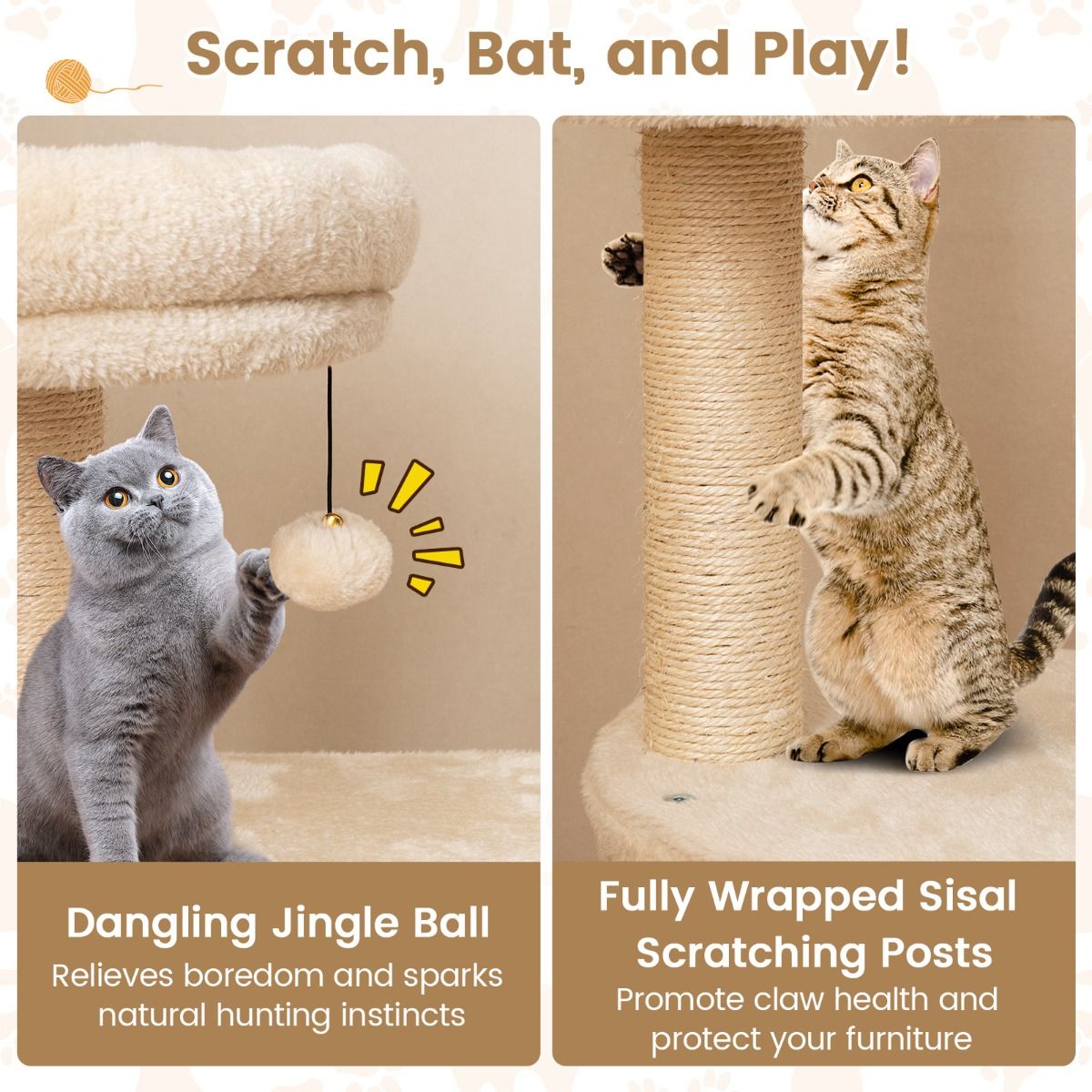 Arbre à chat Coast - plusieurs étages - poteaux à griffer en sisal - beige/gris - 102 cm