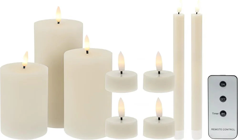 Lot de 9 bougies LED « Flickering Flame » avec télécommande et minuterie – Ivoire – Cire