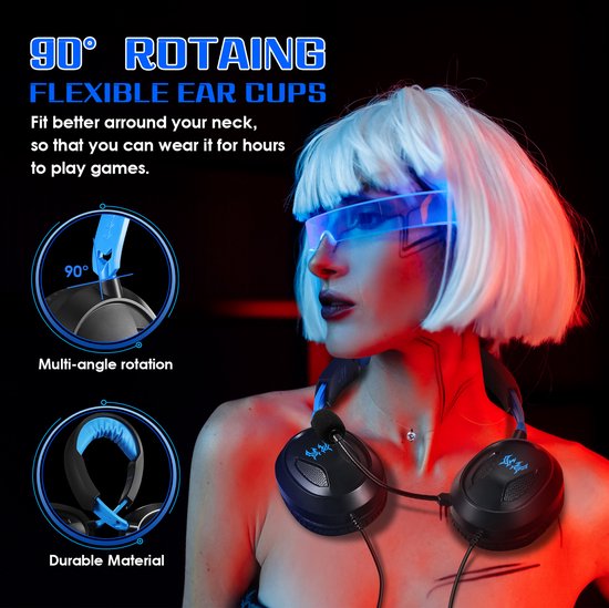 Casque gaming KOTION EACH G3100 - Casque circum-auriculaire avec microphone - Compatible avec Nintendo Switch, PS5, PS4, Xbox Series X|S, Xbox One, appareils mobiles et PC - Noir et bleu