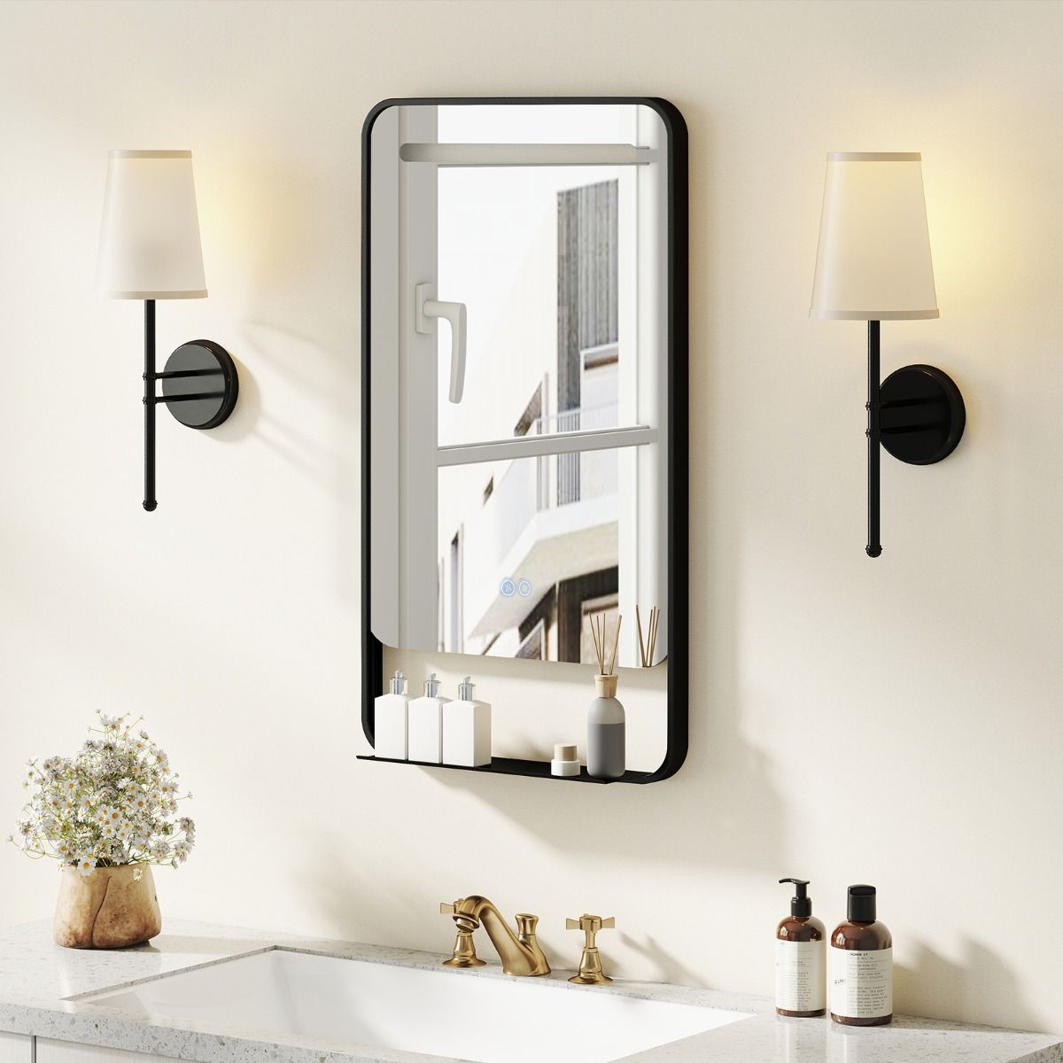 Miroir de salle de bains Coast à LED avec étagère - fonction anti-buée - température de couleur réglable - noir - 88,5 x 50 cm