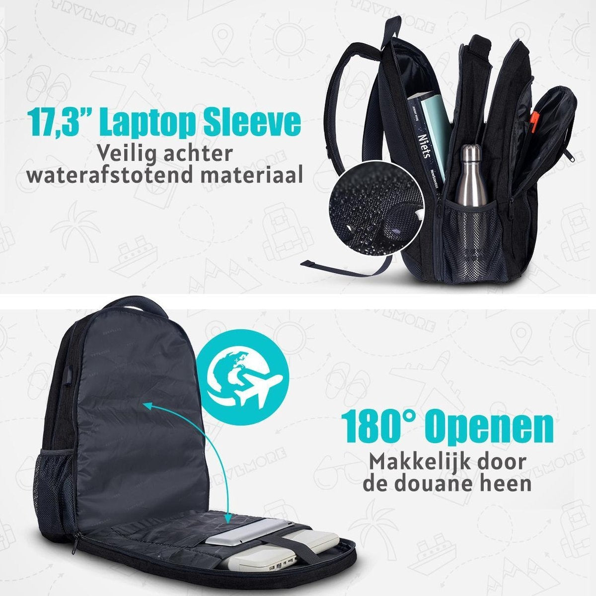 TRVLMORE Sac à dos - 36L - 17.3 inch - Sac à dos pour ordinateur portable - Sac d'école - Unisex - Splashproof Black