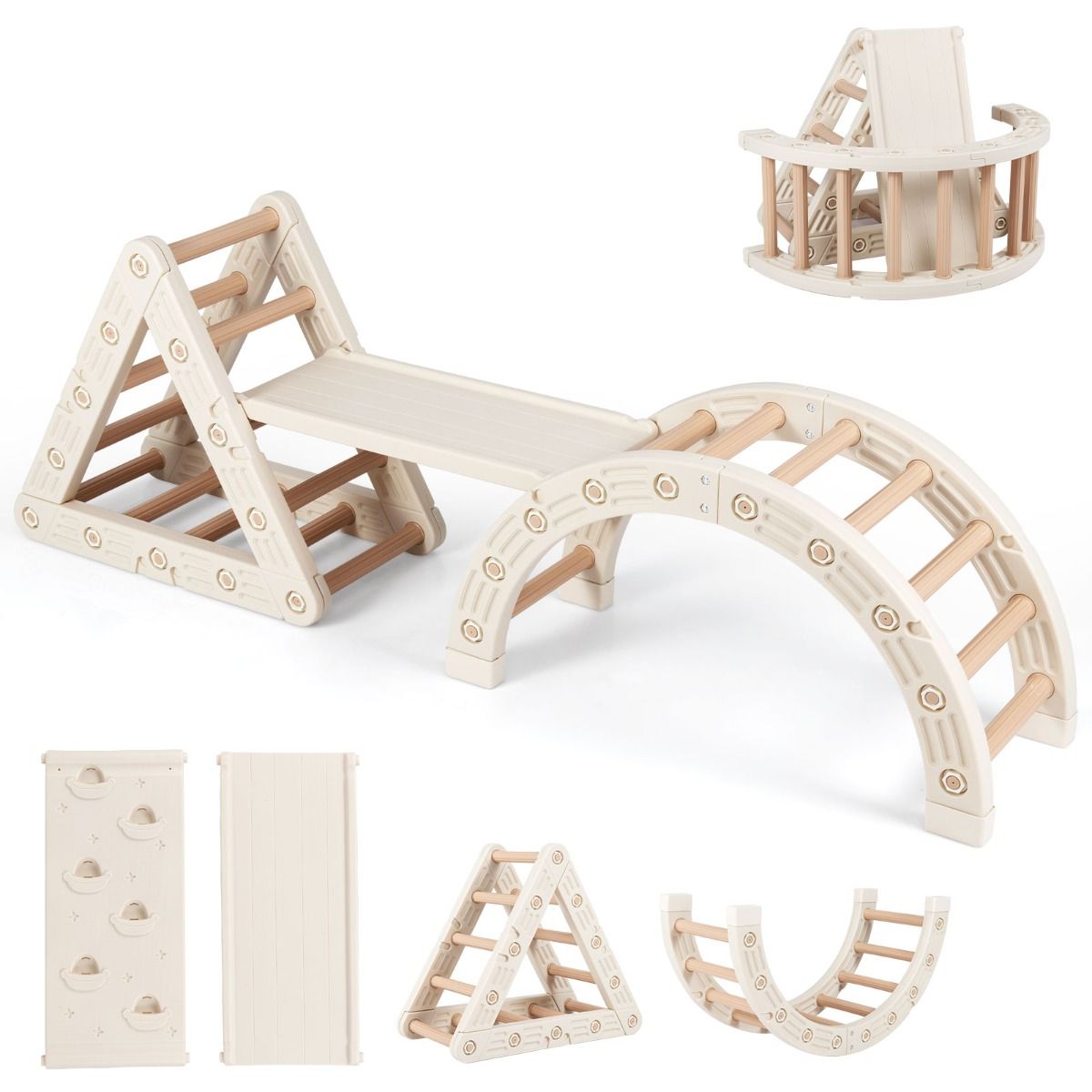 Structure d'escalade Coast Montessori pour enfants - Structure d'escalade en bois 5-en-1 avec arche et échelle double face - beige et café