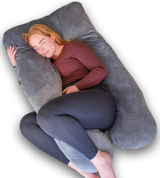Ella® coussin de grossesse XXL en forme de U - Coussin de grossesse - Coussin en soie - Coussin de corps - Housse amovible en polaire Minky - 140x80cm - Gris