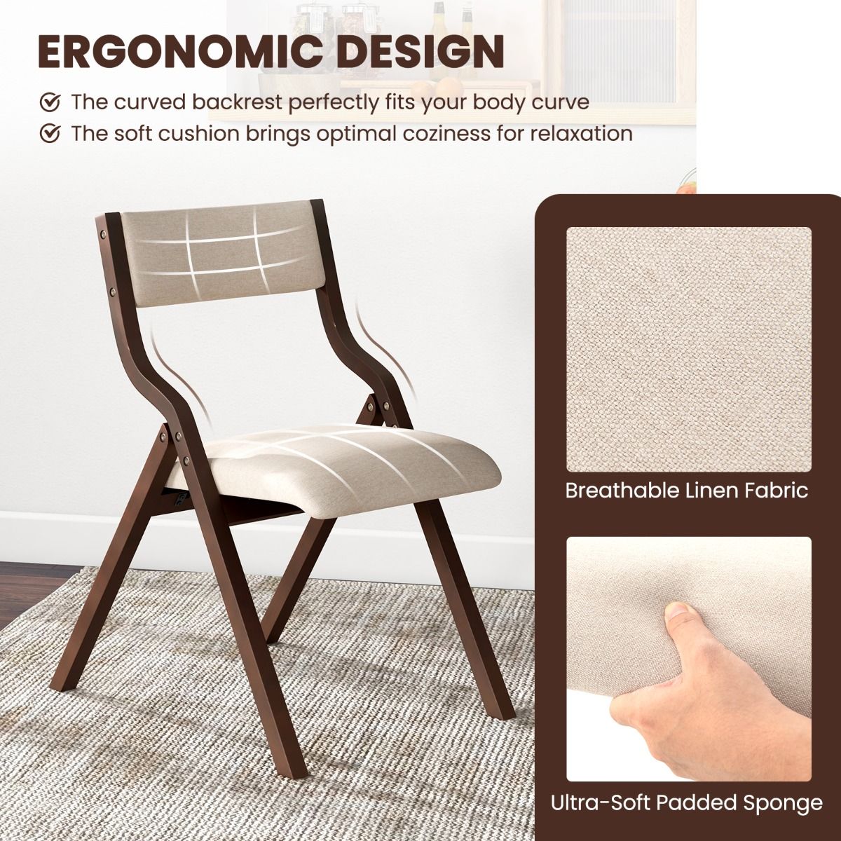 Lot de 2 chaises de salle à manger Coast - Pliantes - Structure en bois massif - Café et beige