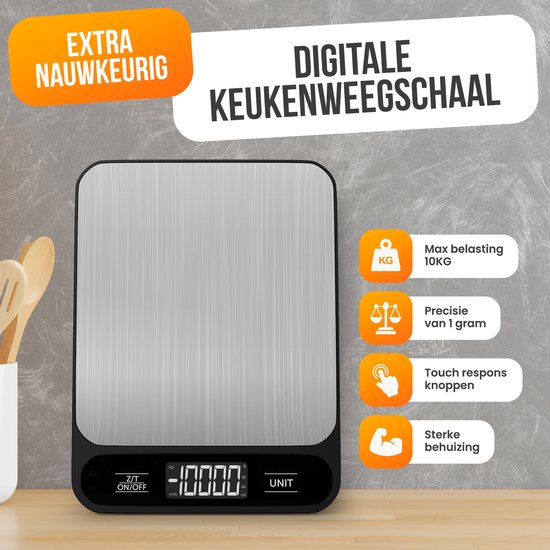 Balance de Cuisine Digitale Strex - Balance de Cuisine - 1 g à 10 kg - Fonction Tare - Piles Incluses - Inox/Noir