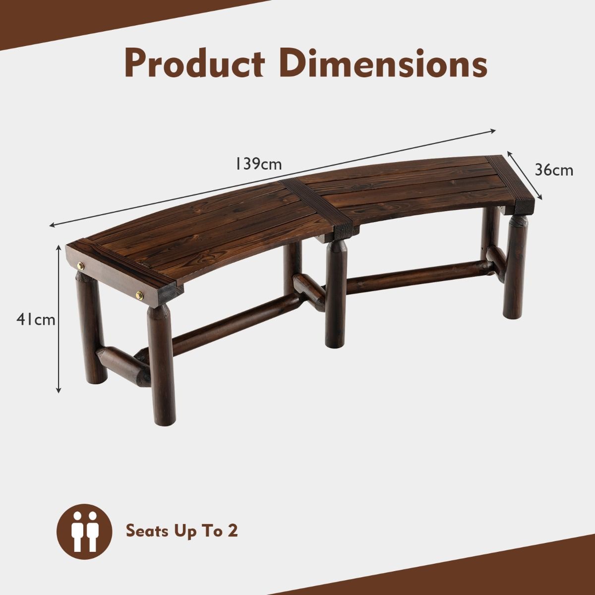 Banc de jardin Coast sans dossier - design incurvé - 2-3 places - marron rustique 139 x 36 x 41 cm