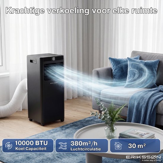Climatiseur portable Eriksson - 10 000 BTU - Kit d'étanchéité pour fenêtre inclus - Jusqu'à 30 m² - 4-en-1 - Climatisation - Ventilateur - Déshumidificateur - Noir