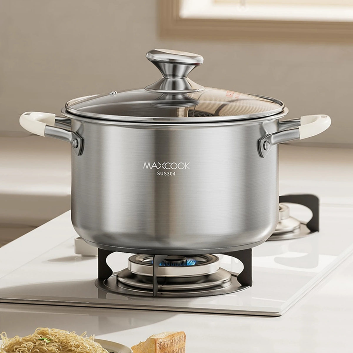 Casserole MAXCOOK Ø 22 cm - 4,3 litres - Acier inoxydable 304 - Compatible induction - Couvercle en verre - Poignées en silicone