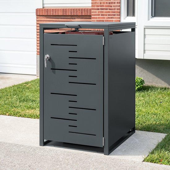 Armoire à poubelles SoBuy - Armoire à poubelles en métal gris foncé avec serrure et porte perforée - Toit rabattable | OGS63-DG