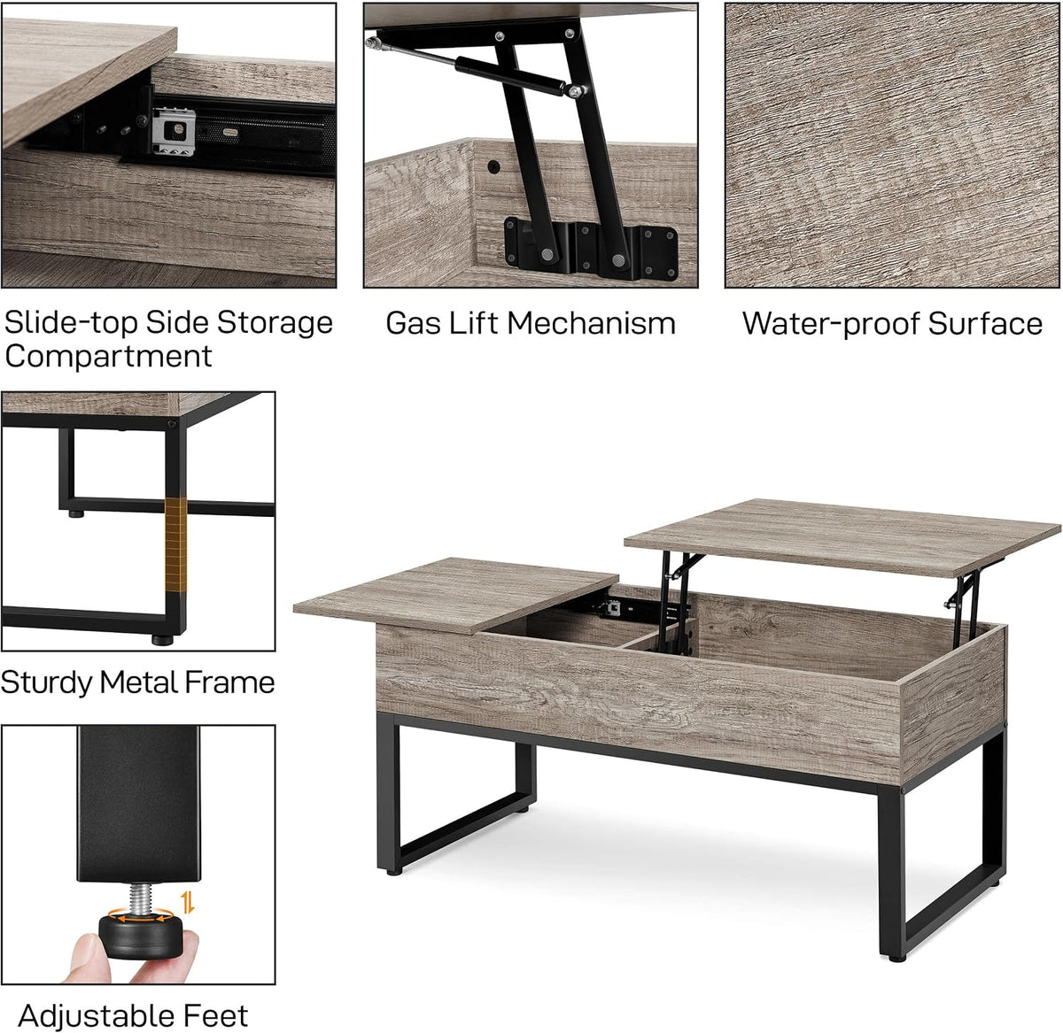 Table basse Yaheetech à plateau relevable avec espace de rangement dissimulé - 105 x 50 x 61 cm - Gris