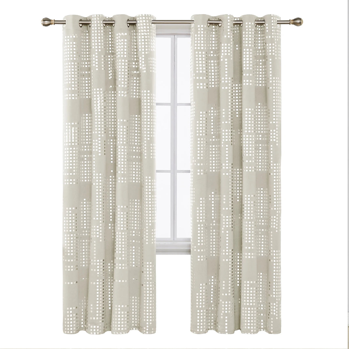 Rideaux occultants Deconovo - Lot de 2 - 97 x 114 cm - Beige clair - Motif à carreaux argentés - 6 anneaux