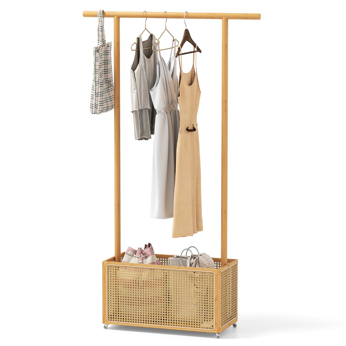 Porte-manteau Coast en bambou - avec panier de rangement et roulettes - couleur naturelle - 100 x 32,5 x 172 cm