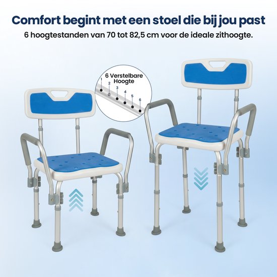 Chaise de douche Truesafe avec dossier et accoudoirs amovibles - Tabouret de douche - Chaise de salle de bain - Antidérapante - Hauteur réglable - Max. 130 kg + sac de douche