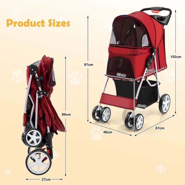 COAST Poussette pliable à 4 roues pour chiens et chats jusqu'à 15 kg avec filet, fenêtres, porte-bouteilles et remorques Rouge