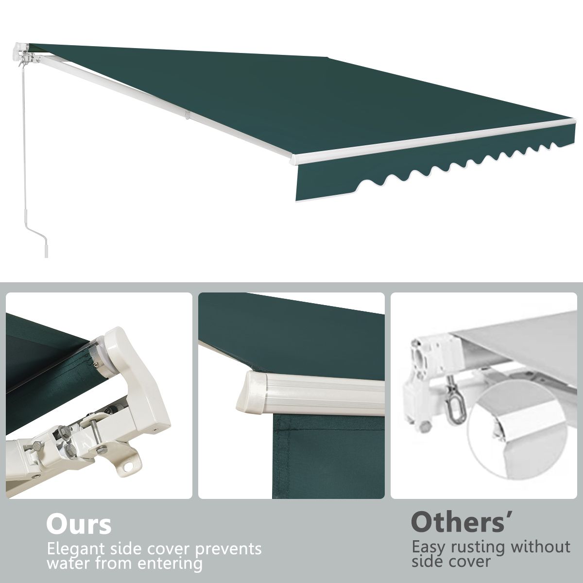 coast 4 x 2,5 m store de terrasse extensible - vert - armature en aluminium - manivelle manuelle