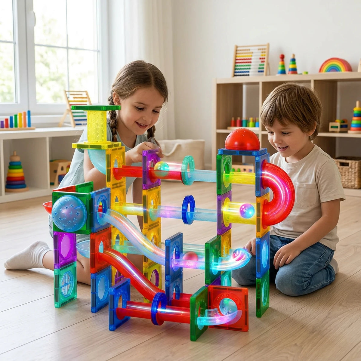 Blocs de construction magnétiques Tokky 3D, 110 pièces - Transparents - LED, circuit à billes, STEM, à partir de 5 ans