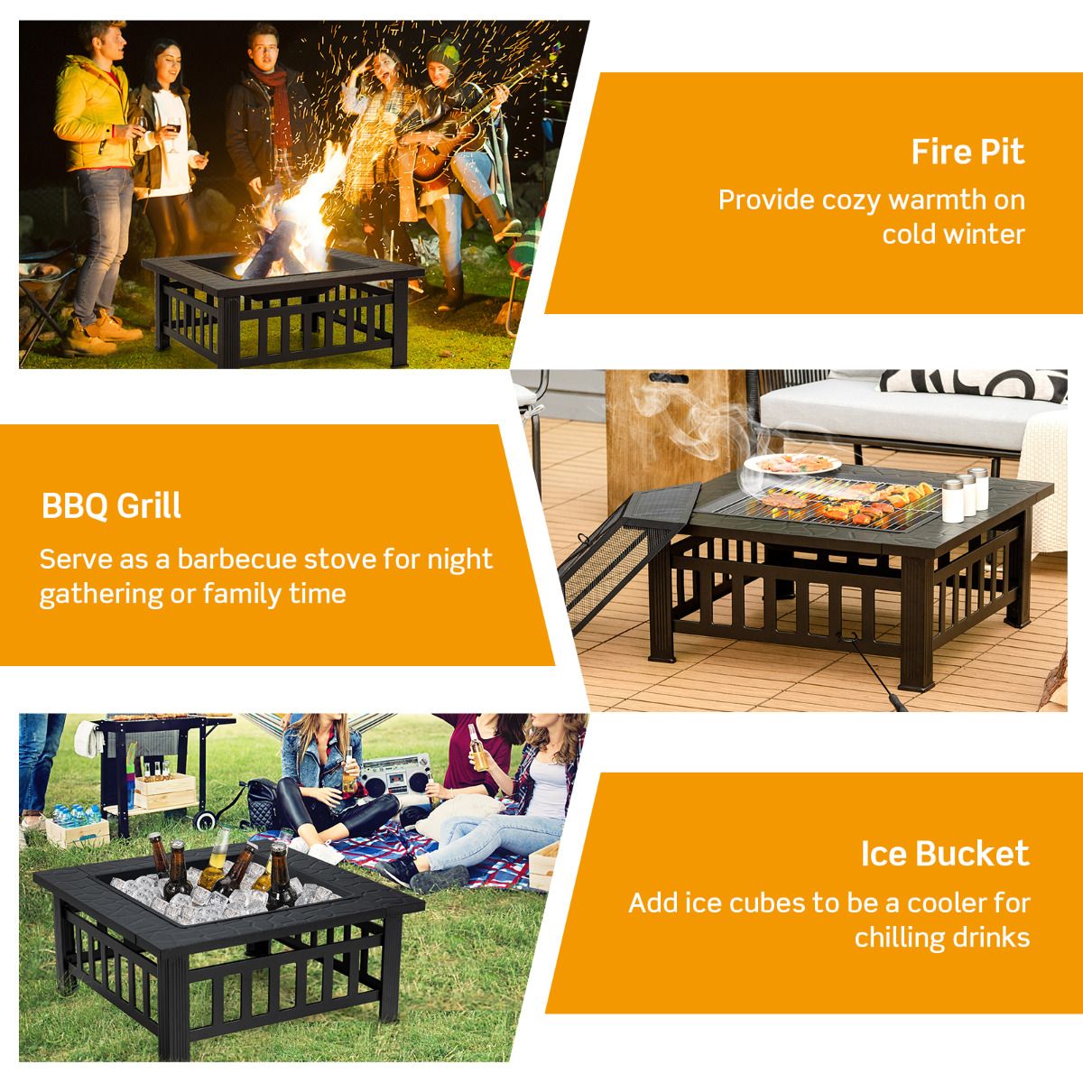 Foyer carré Coast - Table-foyer 3-en-1 - avec grille de barbecue et seau à glace - noir 81 x 81 x 50 cm
