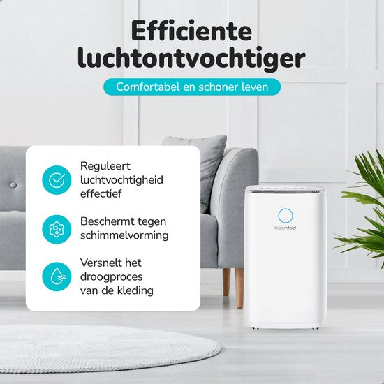 Déshumidificateur Bloomfold - 25L par jour - Fonction Lavage-Séchage incluse - Convient pour le salon, la chambre, la cave et la salle de bain - Déshumidificateur - Blanc
