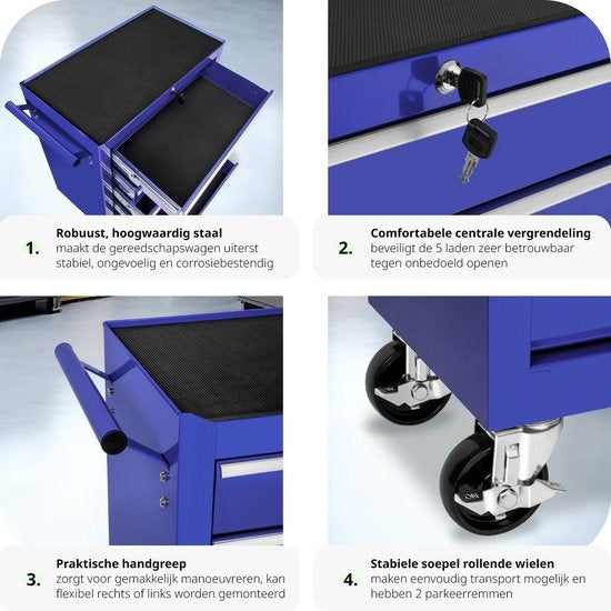 tectake® - Chariot à outils avec 5 tiroirs - bleu - 402798