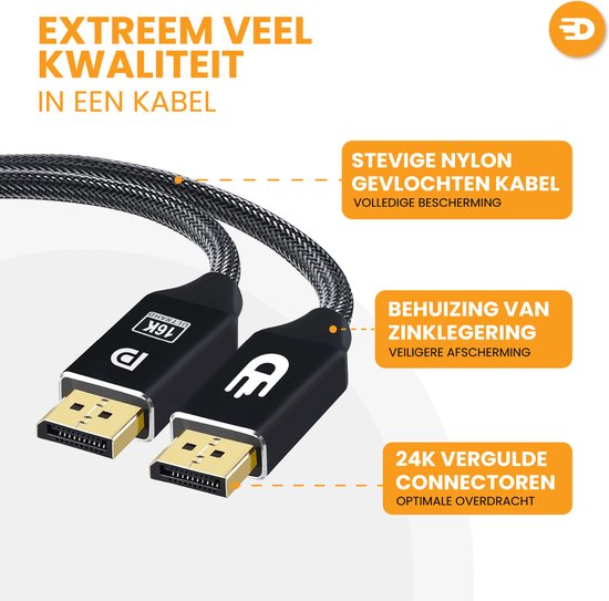 Drivv. Câble Displayport 2.1 - 16K 60Hz 8K 120Hz 4K 144Hz - 80Gbps - Displayport 2.1 - Câble DP - 3 mètres - Noir