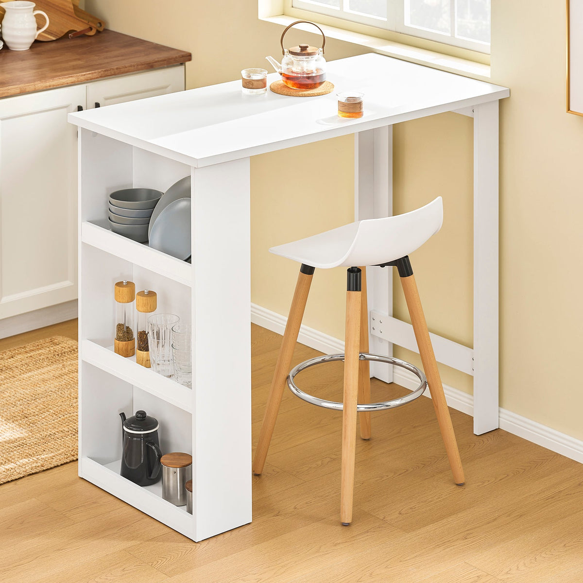 SoBuy FWT17-II-W Table de bar - Table de cuisine haute avec rangement - Table debout compacte pour la cuisine, le salon ou le bar à café - Blanc - 112 x 57 x 106 cm