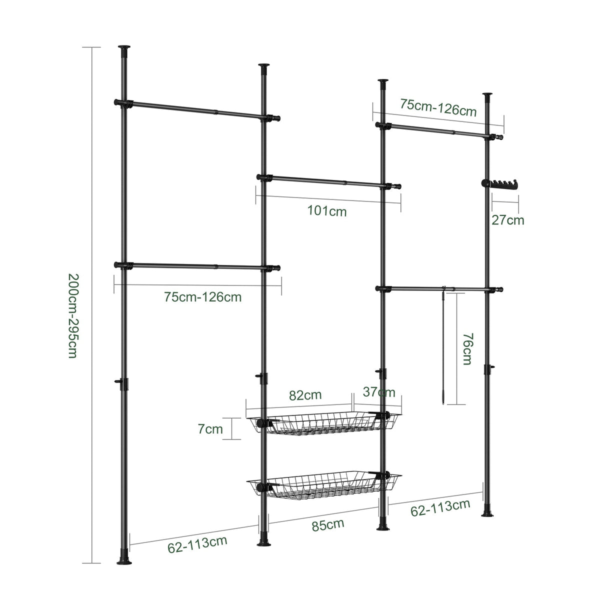 SoBuy Porte-vêtements télescopique KLS04-II-SCH - 209-311 × 200-295 cm - Noir - Penderie ouverte réglable avec barres et étagères