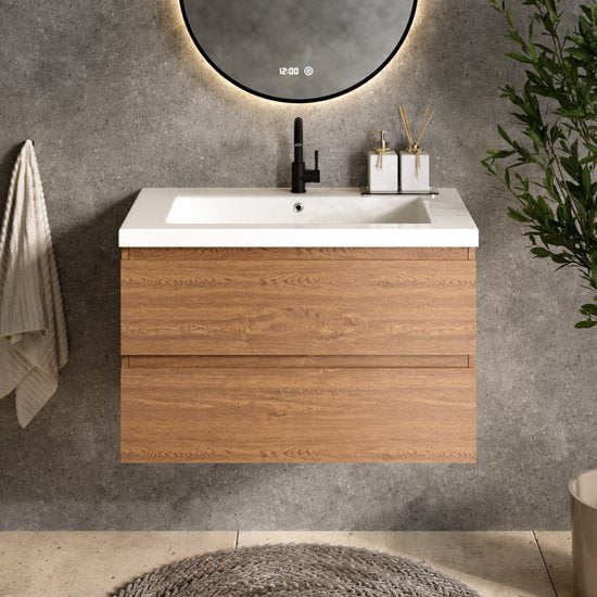 Mirlux Meuble de salle de bains Chêne chaud 80 cm - Lavabo Blanc - Ensemble de meubles de salle de bains - Meuble lavabo Chêne chaud