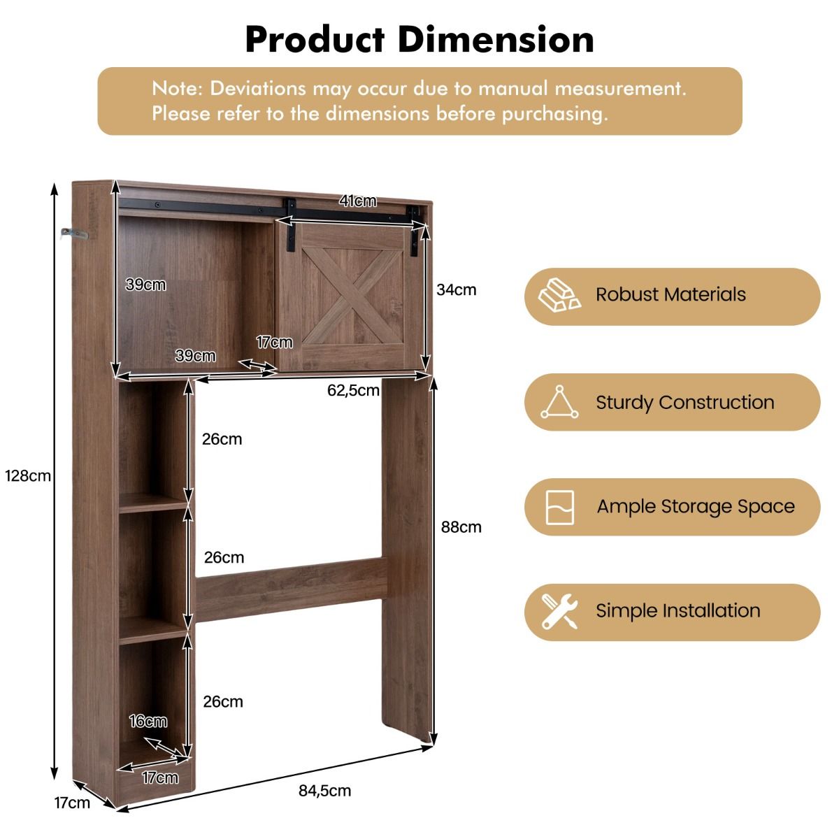 Meuble de salle de bains Coast avec porte coulissante - meuble de salle de bains indépendant - bois et MDF - marron foncé - 84 x 17 x 128 cm