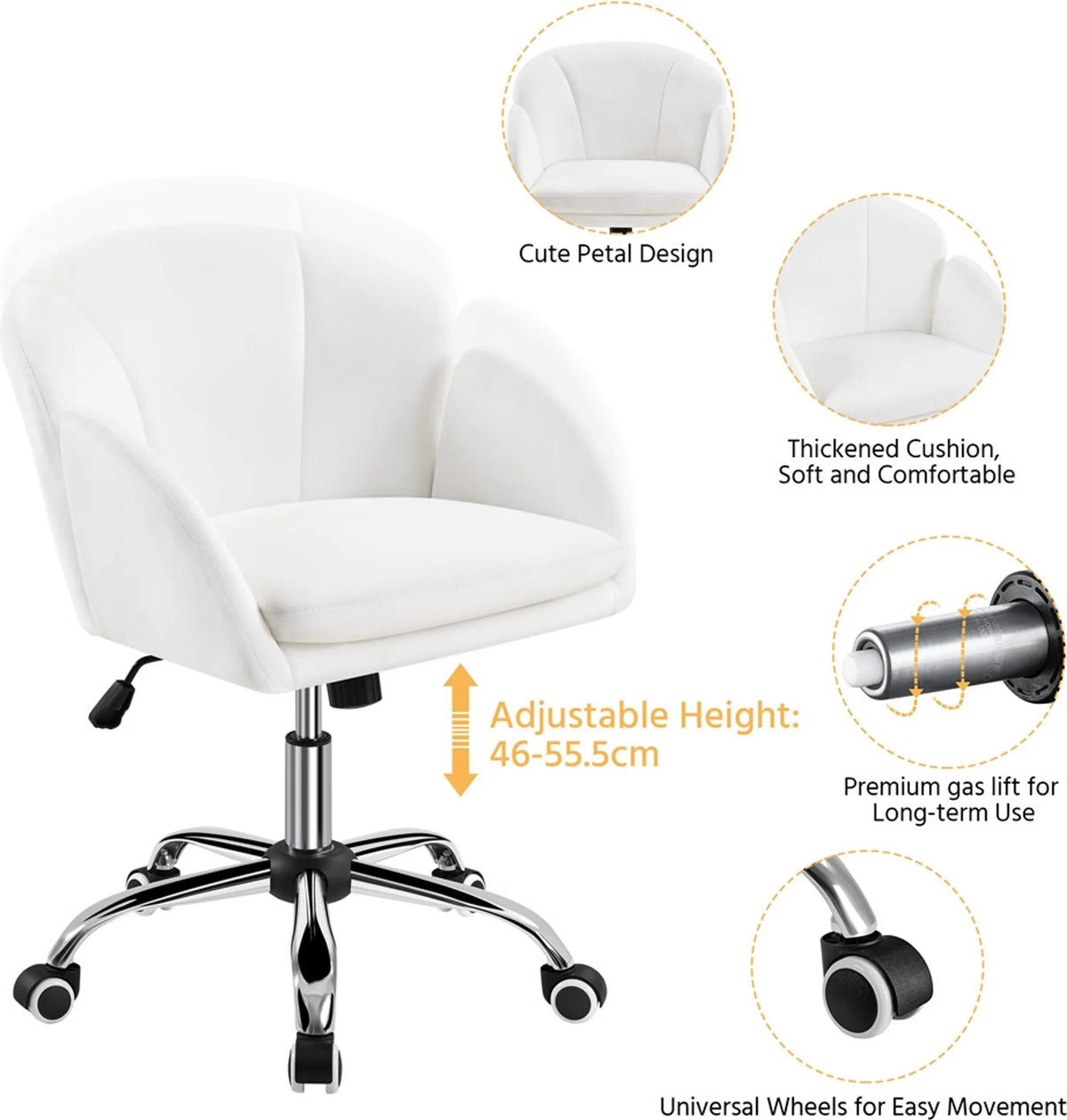 Yaheetech : élégante chaise de bureau avec motif floral, hauteur 72-81,5 cm – Blanc neige – Polyester et métal
