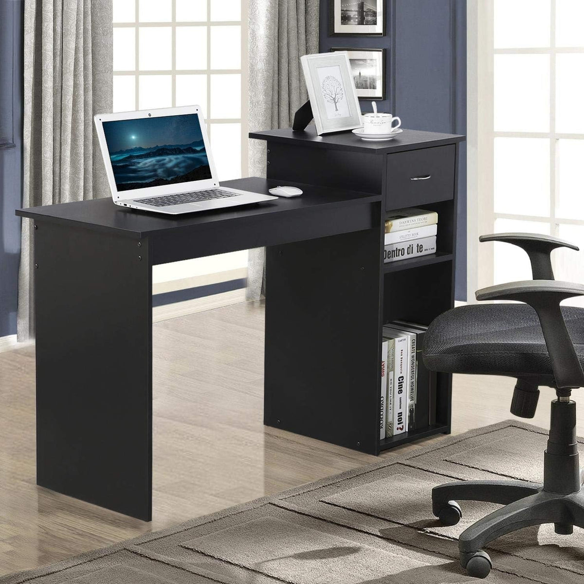 Table d'ordinateur Yaheetech - Avec tiroir et 2 étagères - 112 x 50 x 82 cm - Noir
