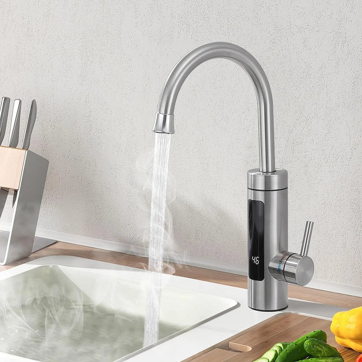Robinet de cuisine électrique HOMELODY avec chauffe-eau instantané - 3 000 W - 230 V - Écran LED - Acier inoxydable - Argent brossé