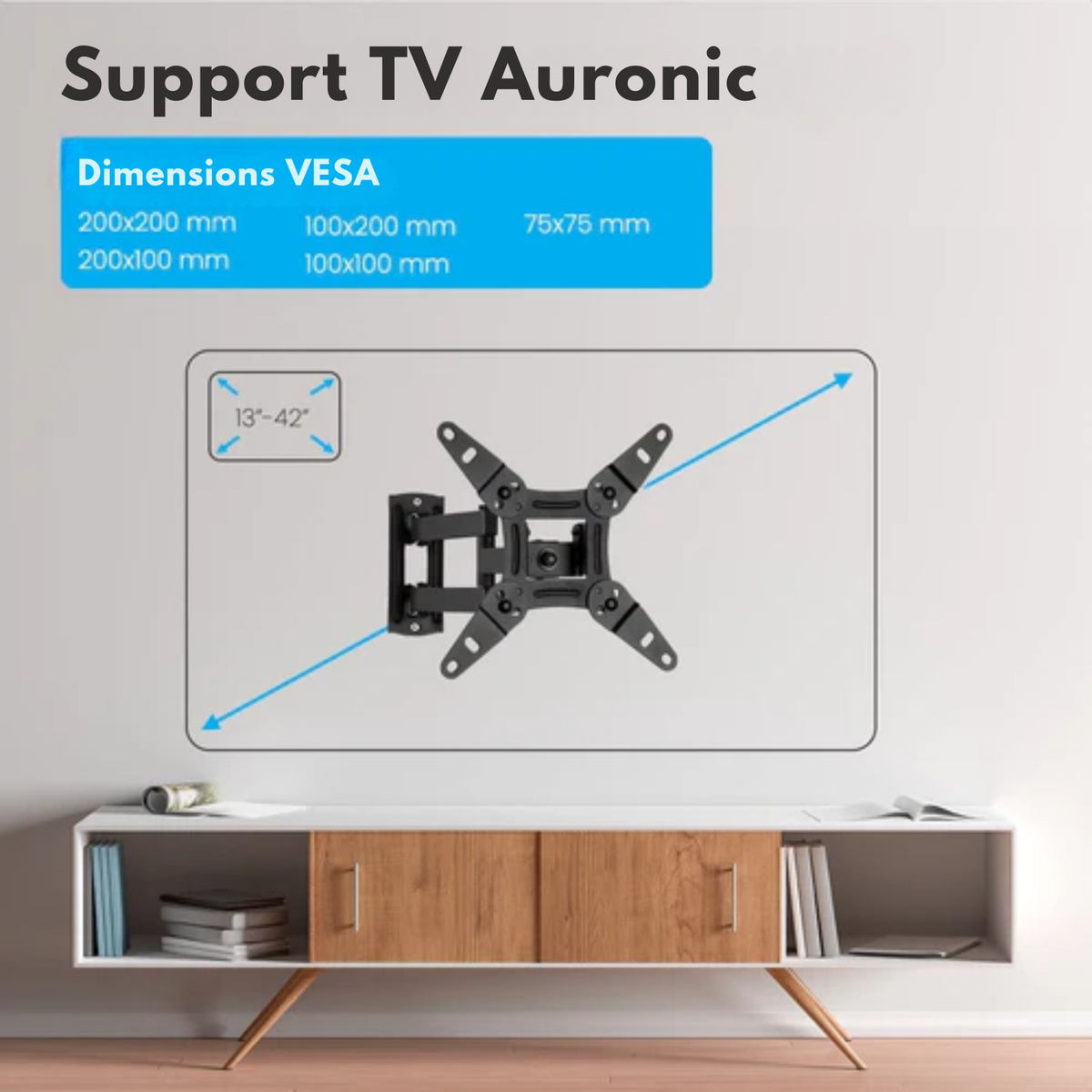 Support TV - Auronic - Support mural pour TV - pivotant et inclinable - 13 à 42 pouces - 20kg max - Noir