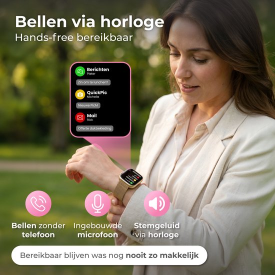 Montre connectée Nuvance pour femme - Montre podomètre pour femme - Cardiofréquencemètre - Montre de sport - Compatible iOS/Android - Écran AMOLED - 5 bracelets inclus - Couleur or