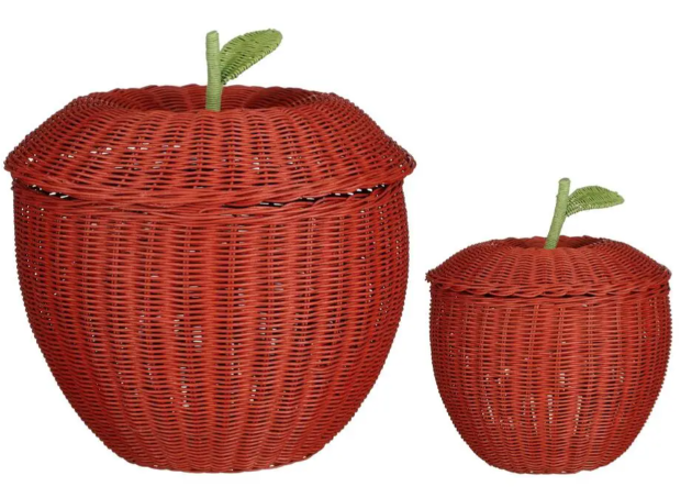 Paniers de rangement Mica Decorations en forme de pomme, lot de 2 - Rouge/Vert - Ø 30 x H 48 cm et Ø 15 x H 25 cm - Rotin
