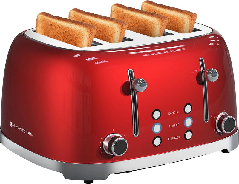 KitchenBrothers Grille-pain rétro - 6 niveaux de chaleur - 4 fentes extra-larges - 1630W - Fonctions de réchauffage et de décongélation - Rouge