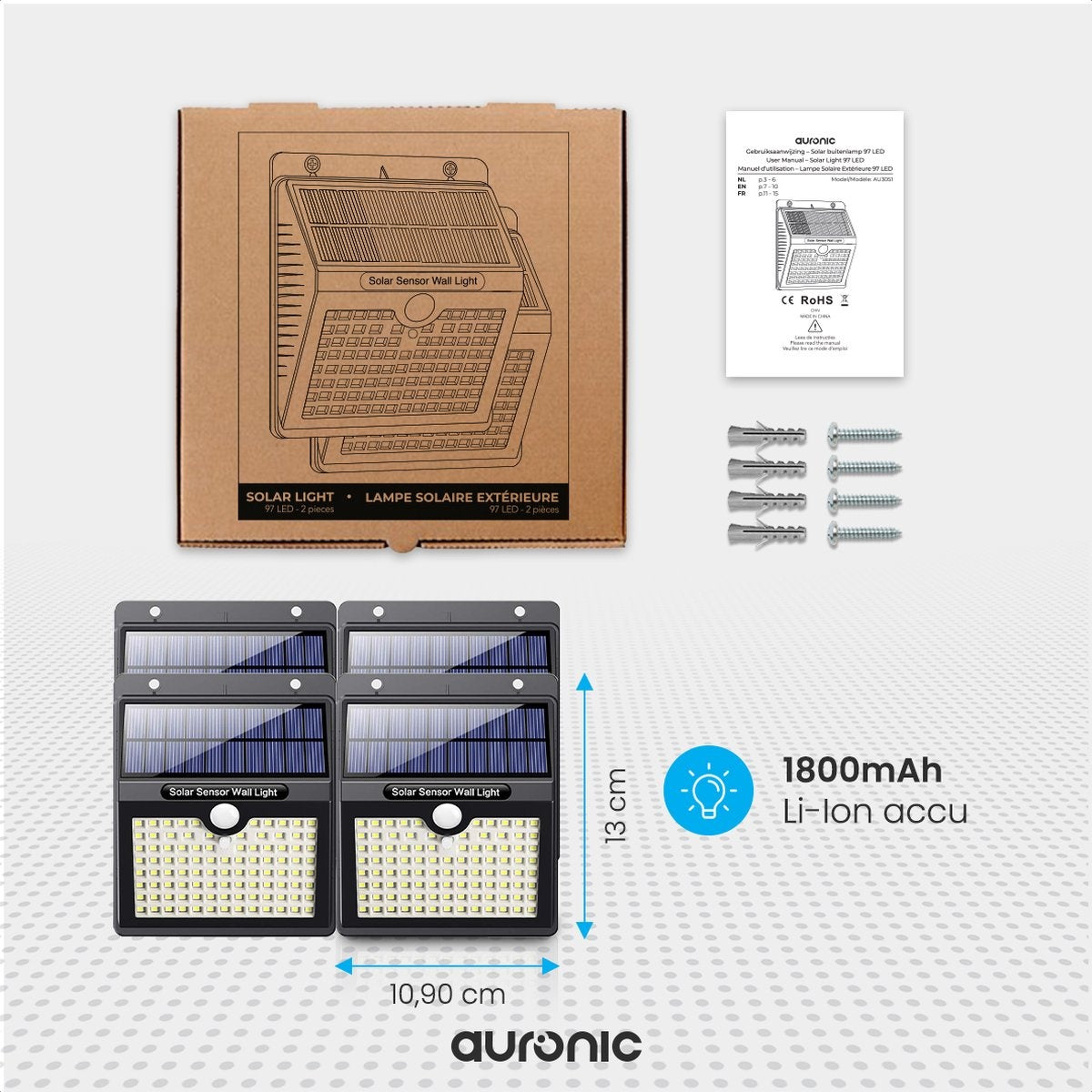 Auronic Lampe solaire d'extérieur avec détecteur de mouvement - Applique murale avec détecteur - Solaire - 97 LED - IP65 - 4 pièces - Noir